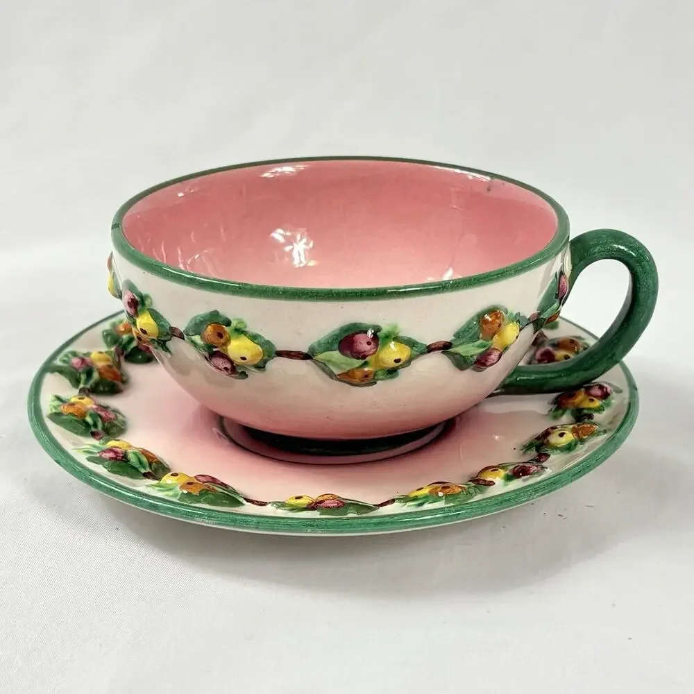 Vtg Italian Majolica Tea Cup & Saucer Pink Fruit Relief Pears Berries Italy 5233